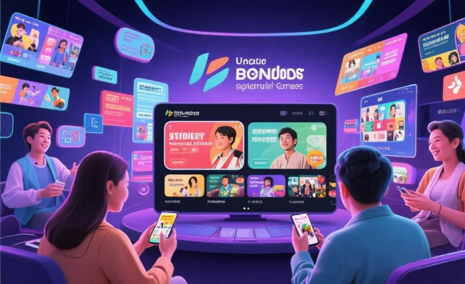 亚洲各地用户在多元娱乐平台上互动的场景，突出数字化和多样性体验